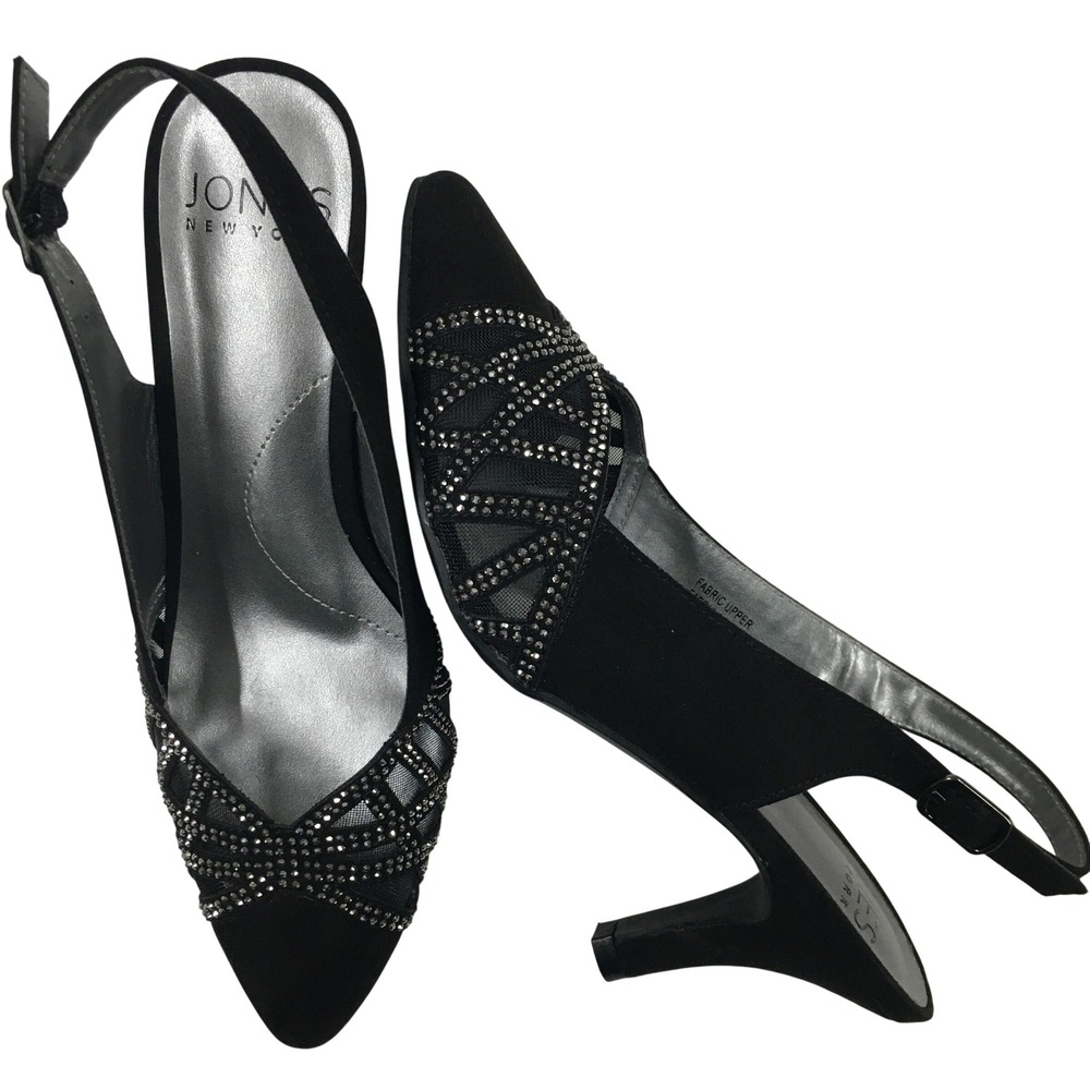Jones New York Rhinestone Mesh Slingback Heels 7 Black Formal Evening Glam Chic